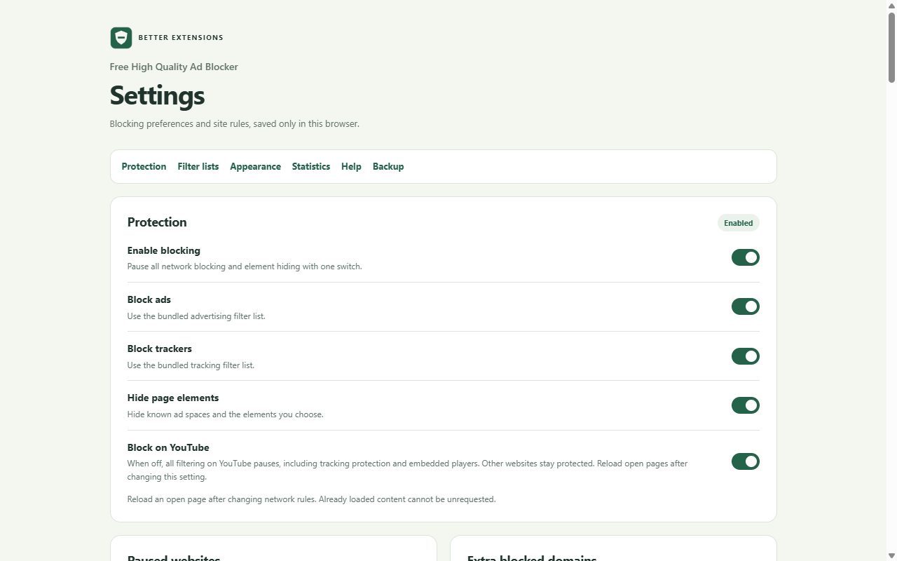 Ad Blocker Settings with controls for ads, trackers, YouTube, and site exceptions