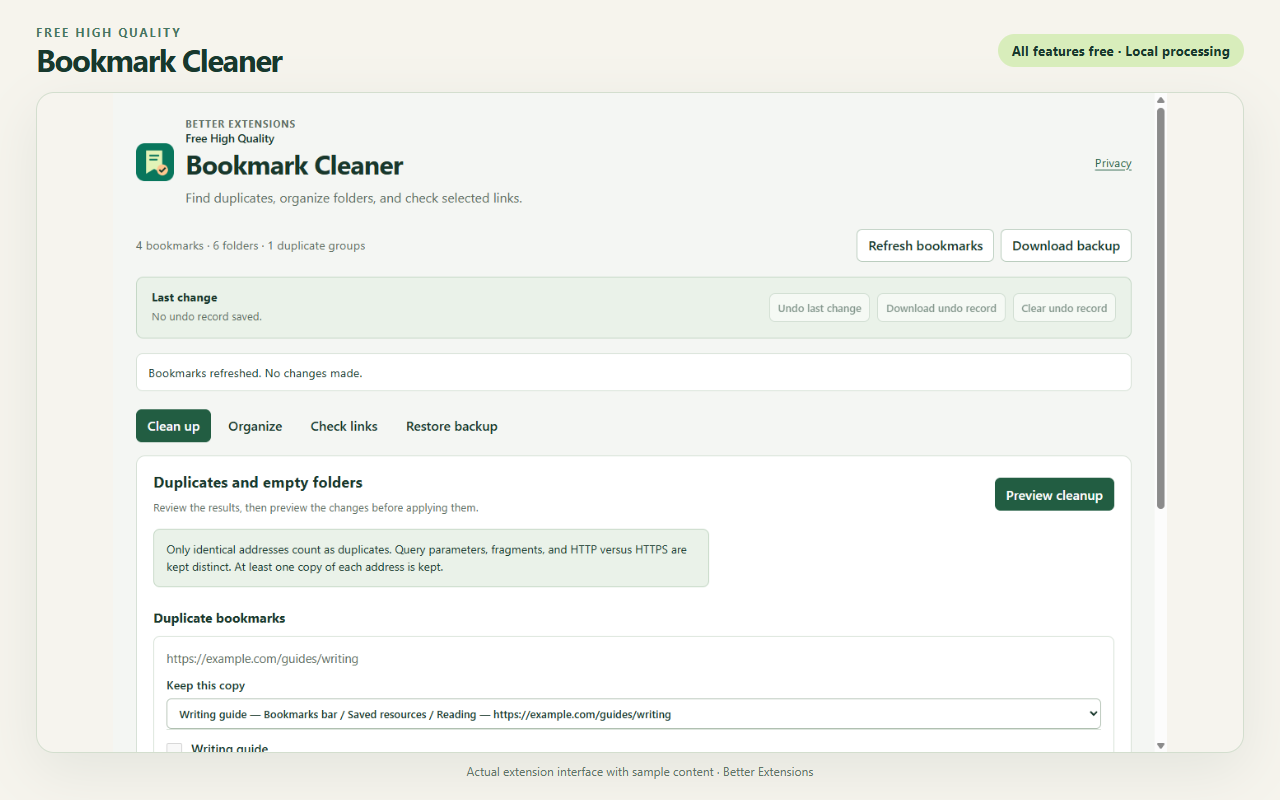 Free High Quality Bookmark Cleaner interface showing sample content