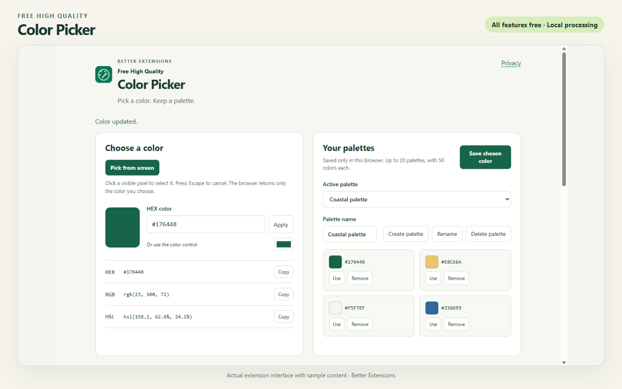 Free High Quality Color Picker interface showing sample content