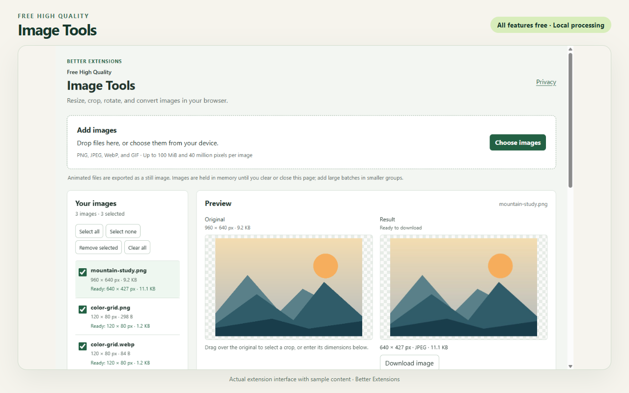 Free High Quality Image Tools interface showing sample content