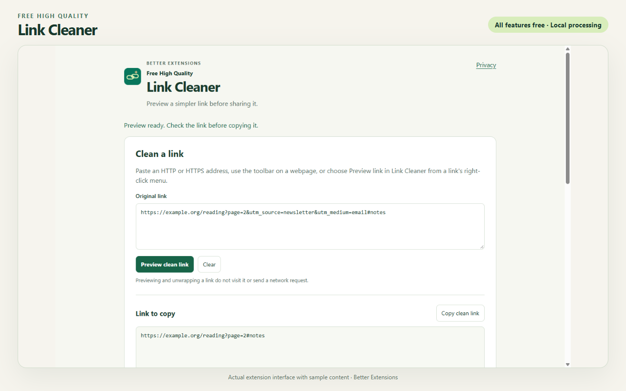 Free High Quality Link Cleaner interface showing sample content