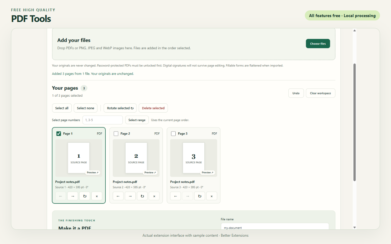 Free High Quality PDF Tools interface showing sample content