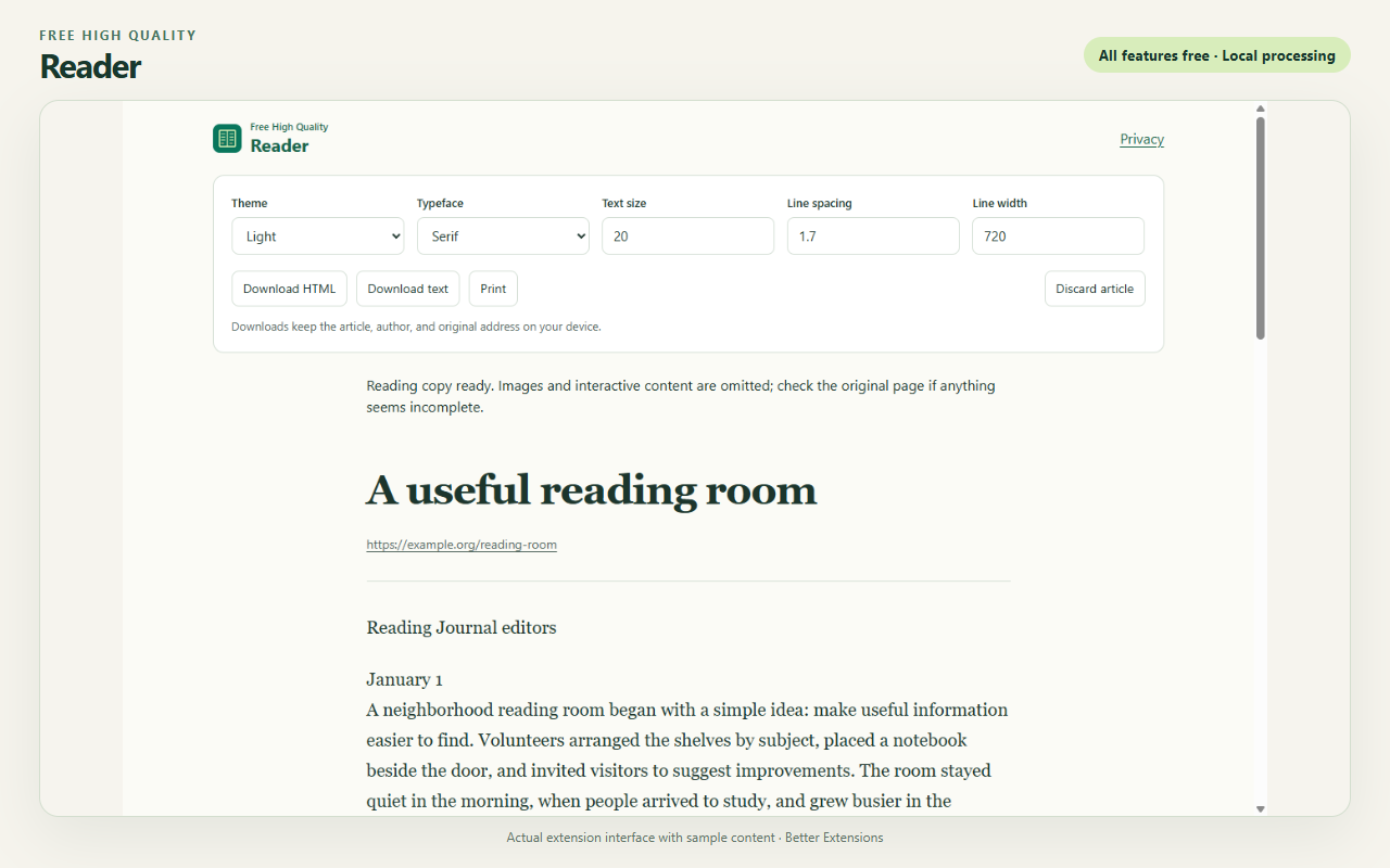 Free High Quality Reader interface showing sample content