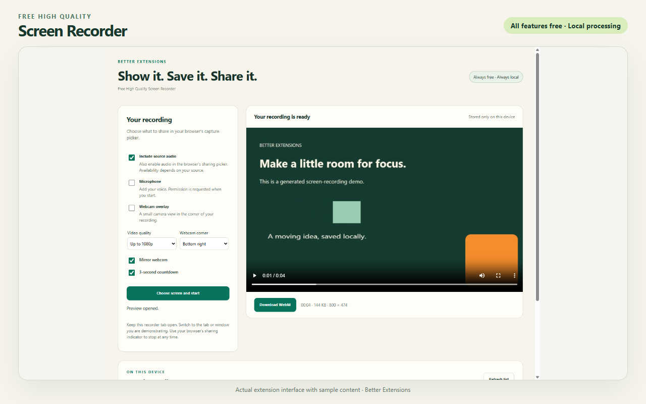Free High Quality Screen Recorder interface showing sample content