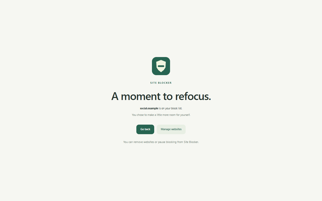 Site Blocker’s blocked page: A moment to refocus, with Go back and Manage websites controls.