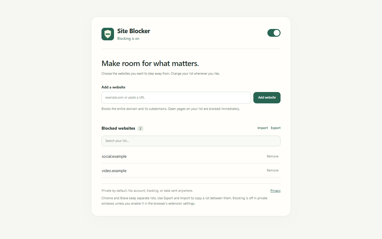Site Blocker’s management page showing the blocking switch, add website field, search, import, export, and two sample blocked domains.