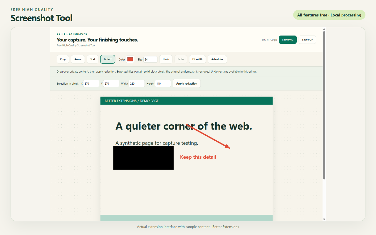 Free High Quality Screenshot Tool interface showing sample content