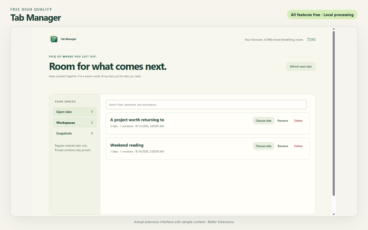 Free High Quality Tab Manager interface showing sample content
