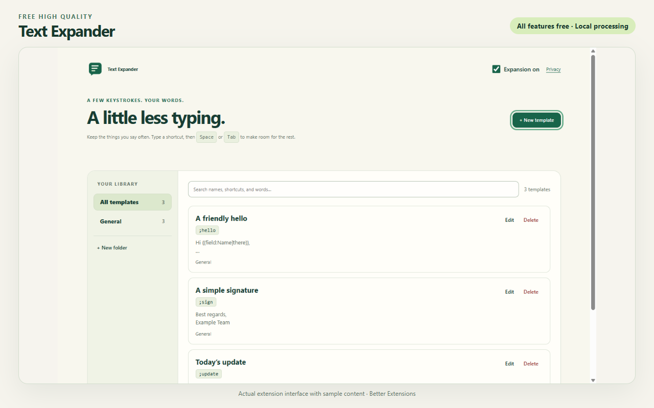 Free High Quality Text Expander interface showing sample content