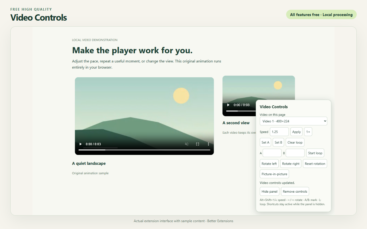 Free High Quality Video Controls interface showing sample content