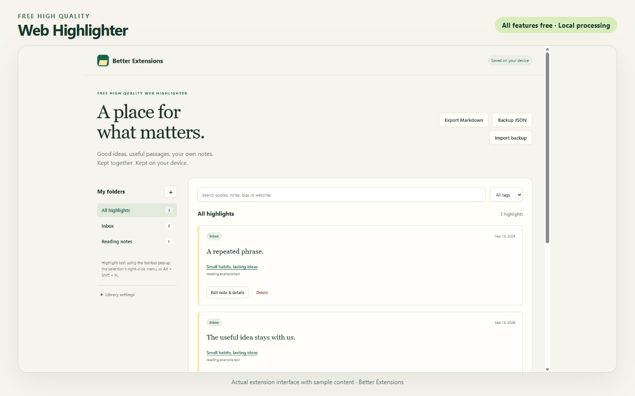 Free High Quality Web Highlighter interface showing sample content