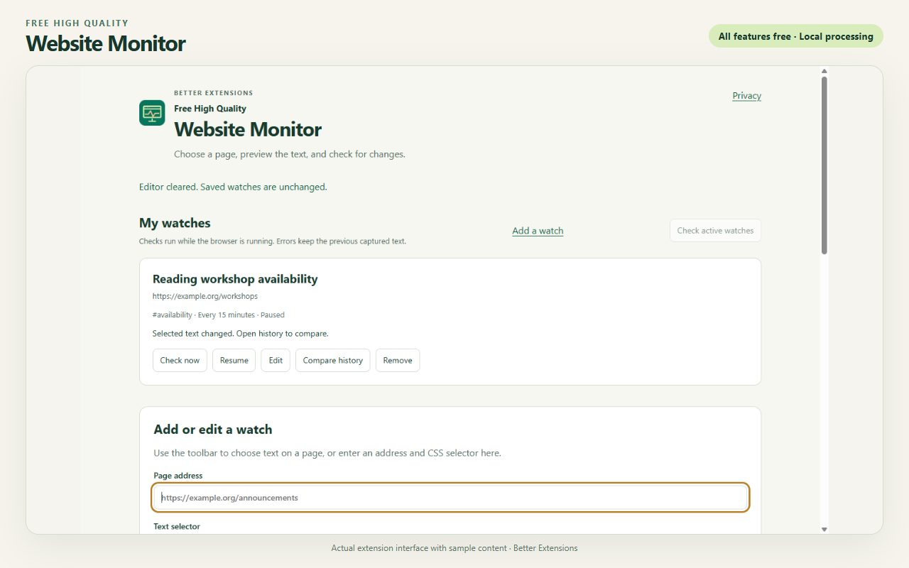 Free High Quality Website Monitor interface showing sample content